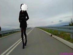 Outdoor crossdresser on public streetlingerie & a mp heels