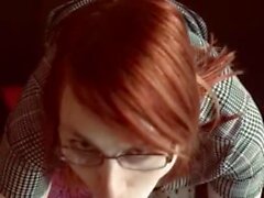 Cute chubby red head gives dildo blowjob and swallows