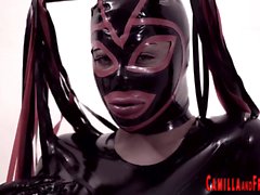 Latex tgirl pounding slaves ass